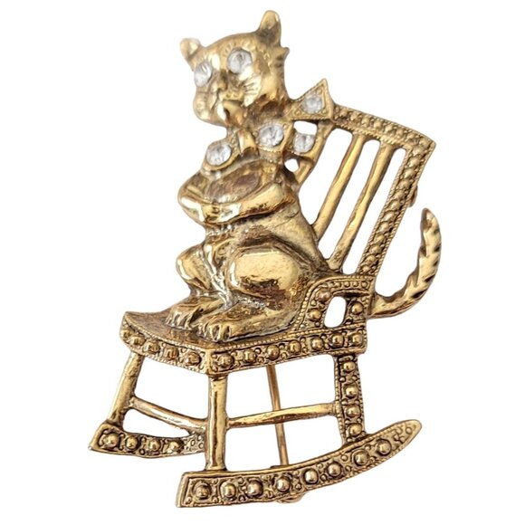 1928 Brand Clear Rhinestone Cat in Rocking Chair Brooch Pin E638 - Picture 3 of 11
